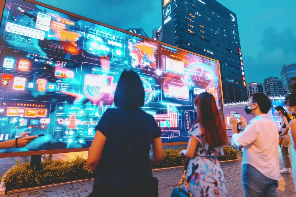 People standing in front huge technology digital virtual screen accessories scoreboard accessory.
