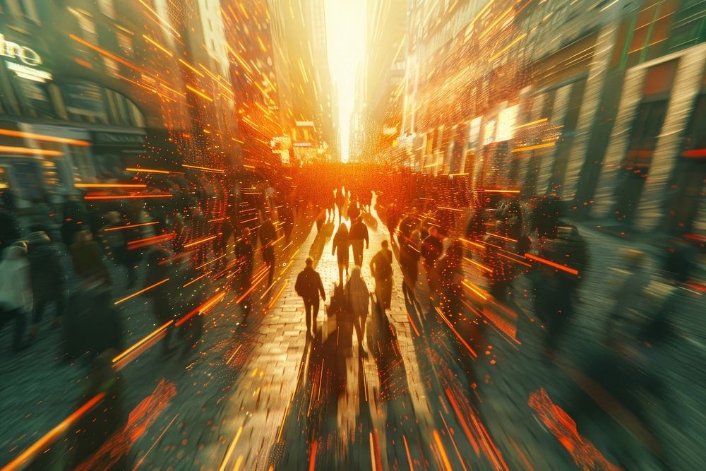 People walking into digital virtual graphic screen transportation metropolis lighting.