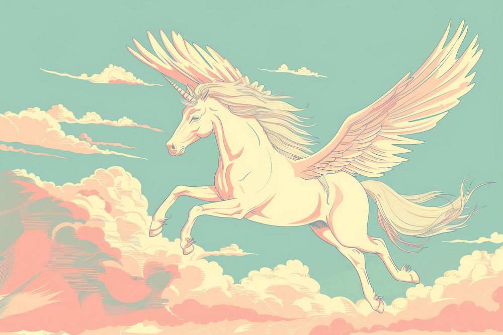 Pegasus in sky flat illustration art antelope wildlife.