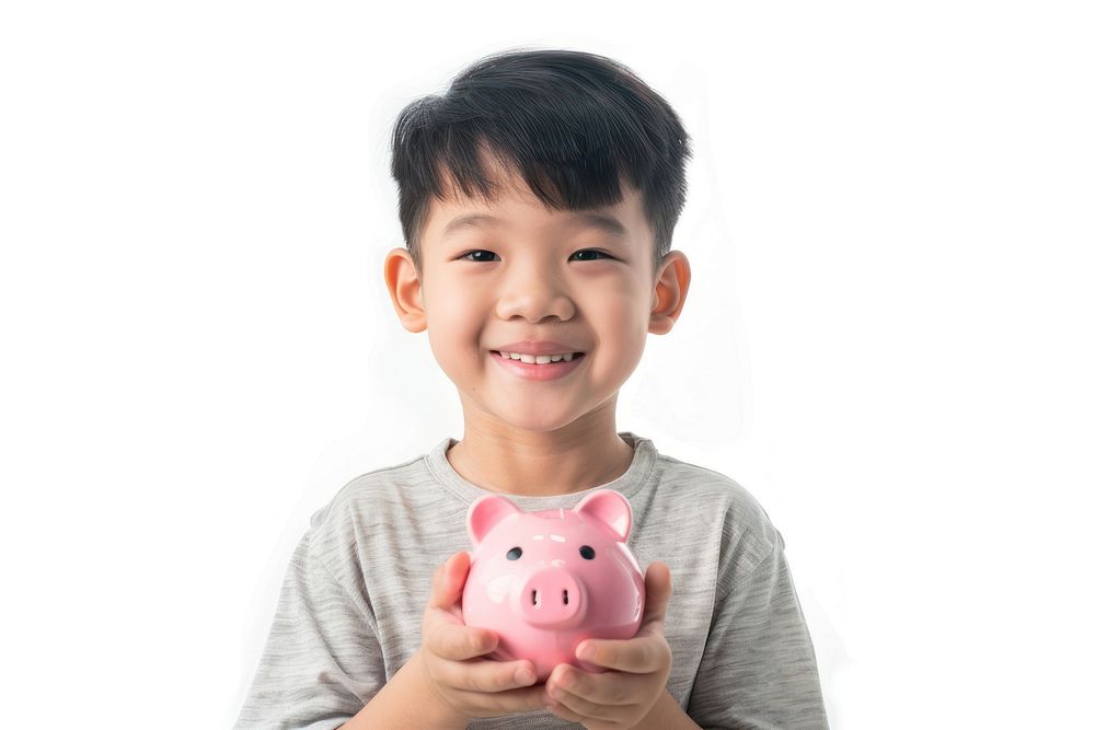 Thai boy holding piggy bank child white background investment.