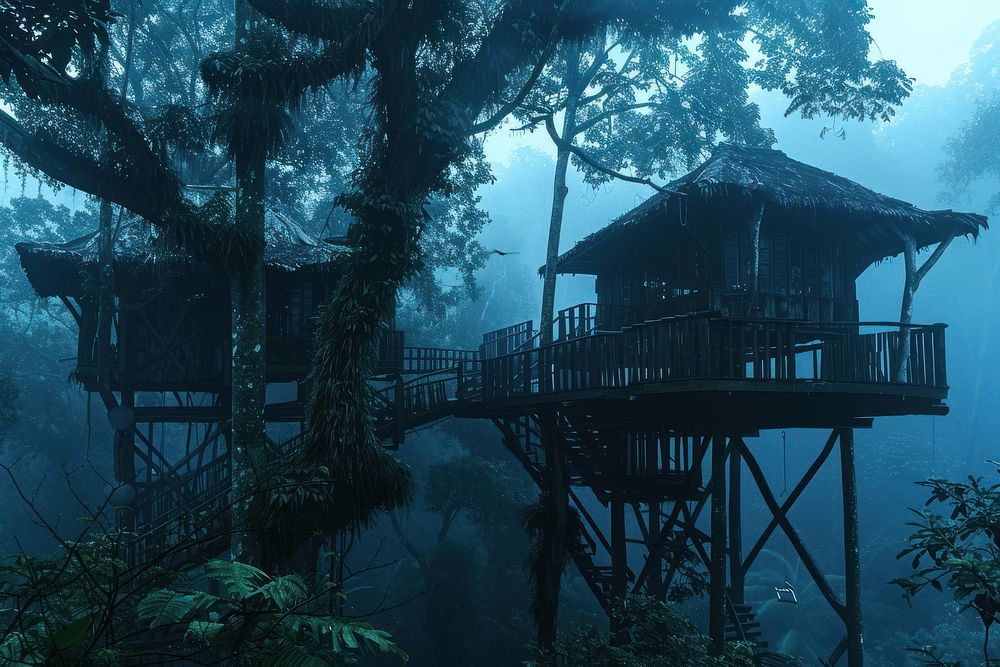 Tree house in Jungle jungle land architecture.