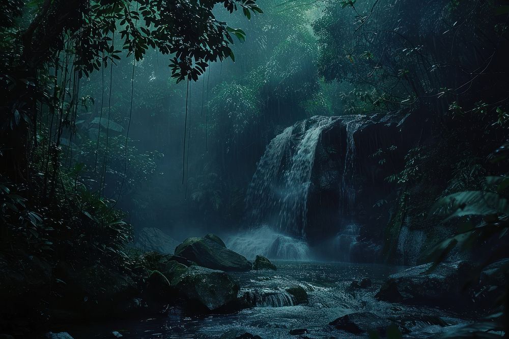 Waterfall in jungle rainforest vegetation outdoors.