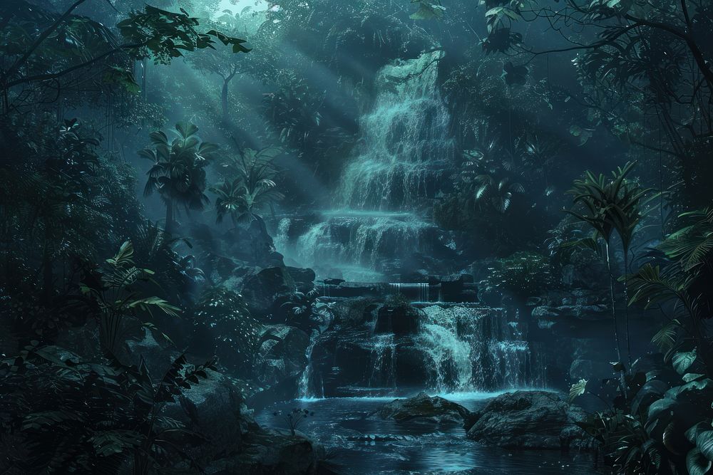 Waterfall in jungle vegetation rainforest outdoors.