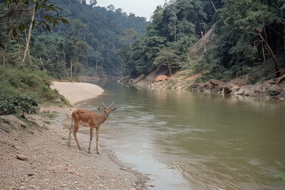 Wild animal stand on river bank drinking water in jungle rainforest vegetation wilderness.
