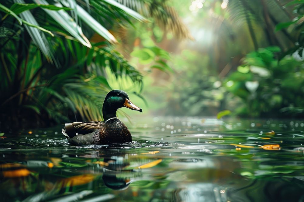 Wild duck swimming in jungle anseriformes vegetation waterfowl.