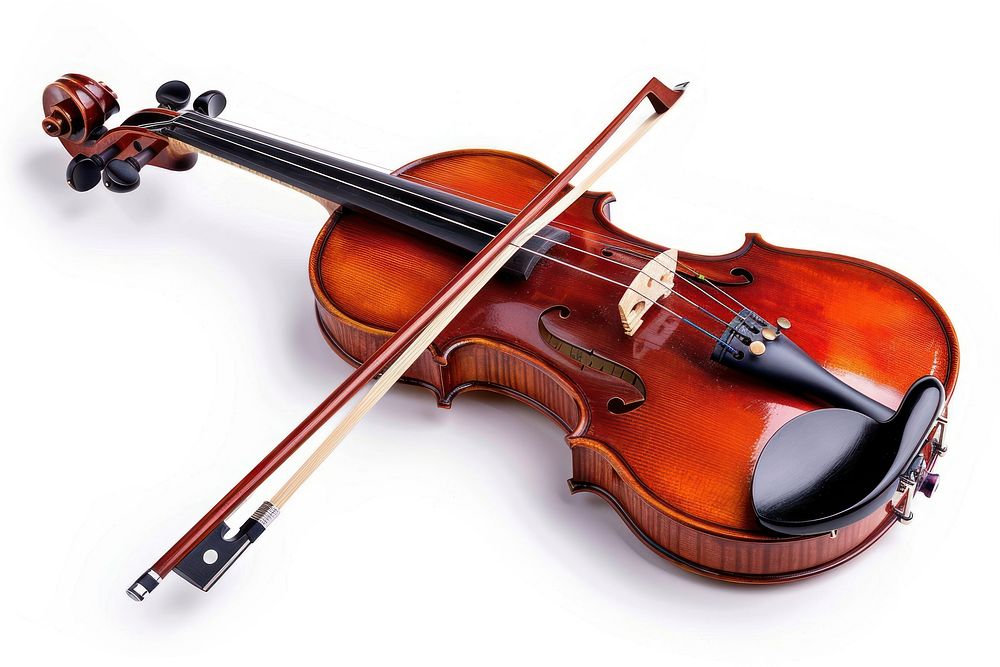 Wooden classic violin with bow white background performance orchestra.