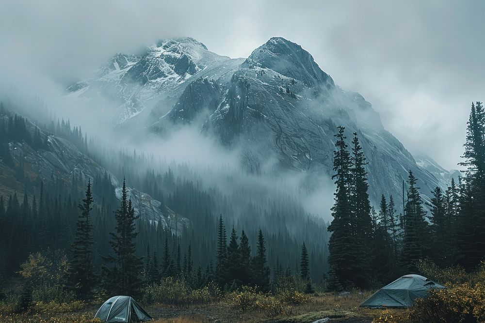 Young people camping outdoors mountain scenery.
