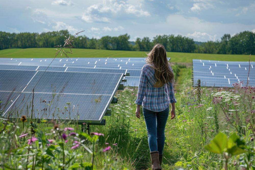 Young woman walking next to solar panels outdoors farm environmentalist.