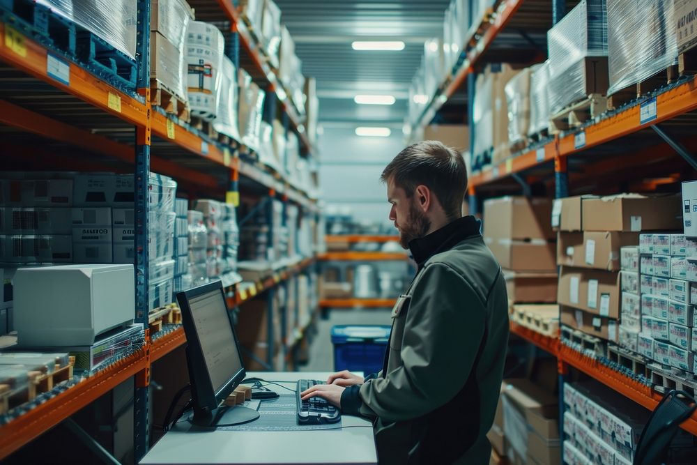 Male warehouse worker checking orders architecture electronics accessories.