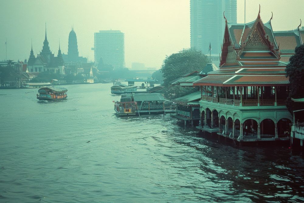 Riverside Chao Phraya River Thailand transportation architecture waterfront.