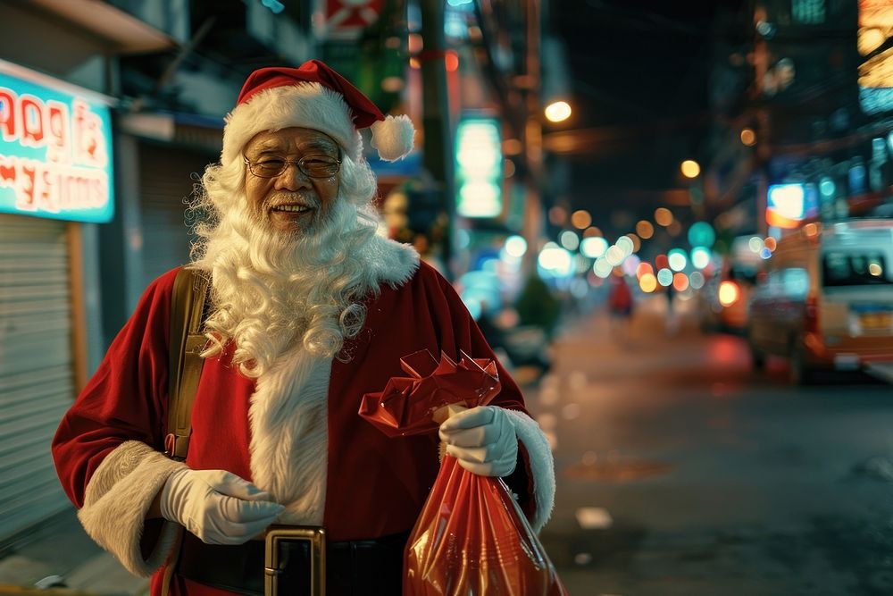 Santa claus holding gift bag transportation accessories automobile.