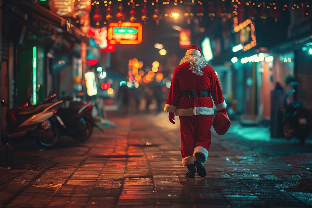 Santa claus walk alone transportation motorcycle christmas.