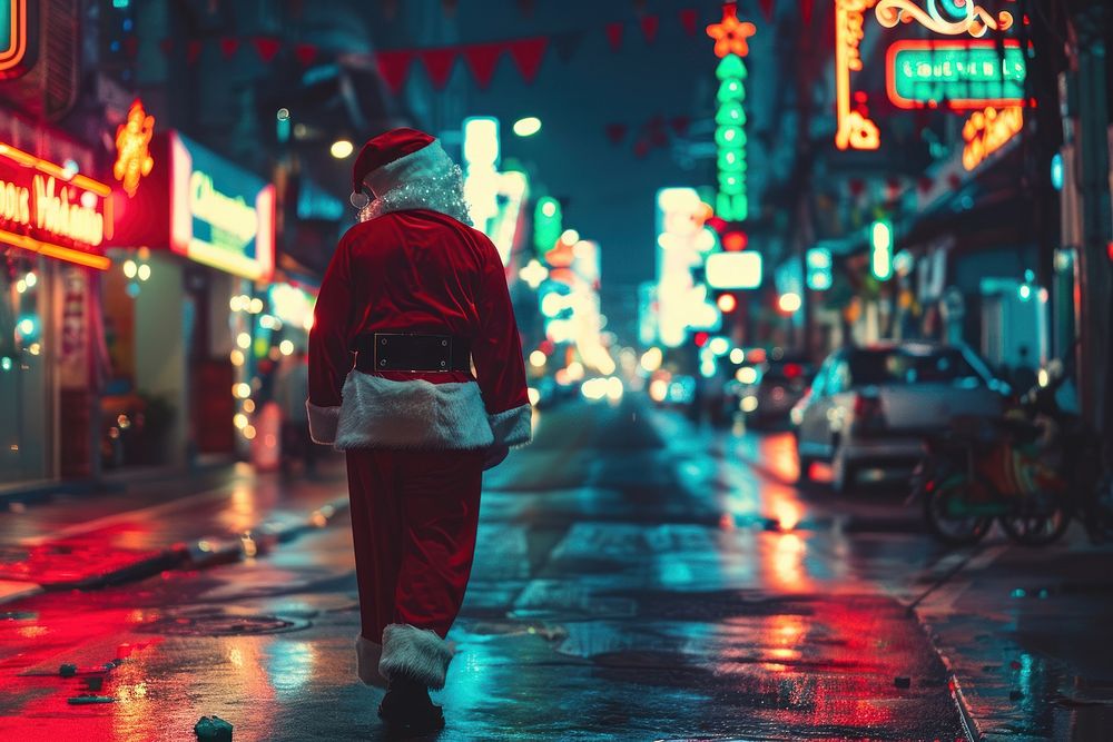 Santa claus walk alone town transportation automobile.