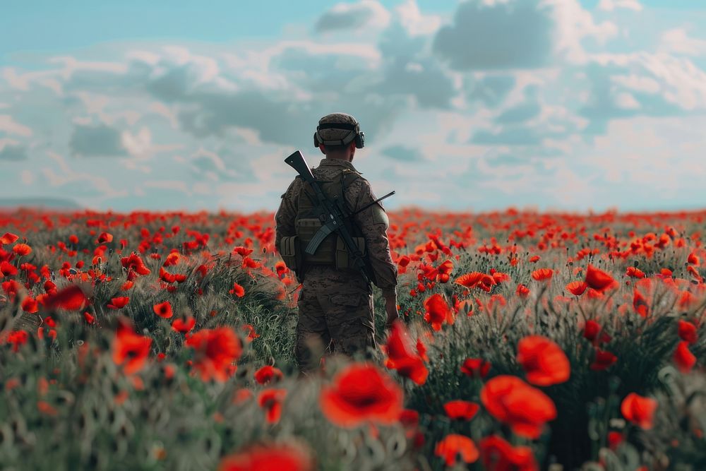 Soldier stand on poppy field military weaponry blossom.
