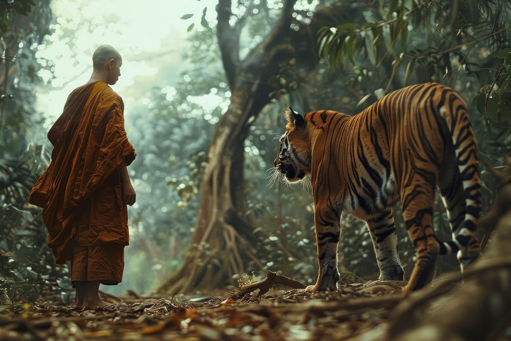 Thai monk and Bengal Tiger stand on soil ground in jungle tiger vegetation wildlife.