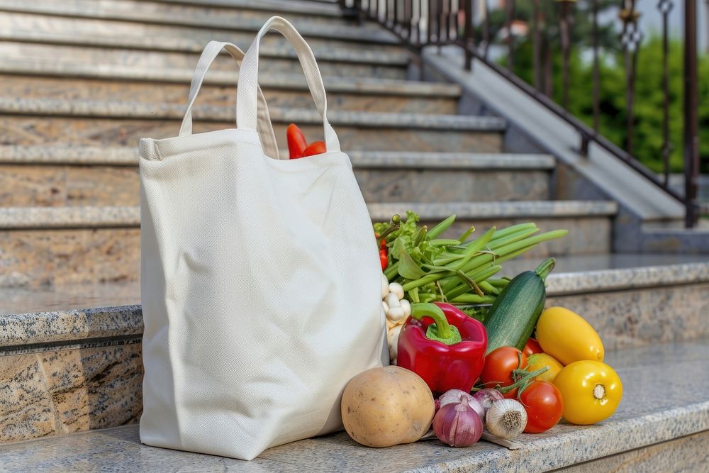 A tote bag with grocery stuffs put in front of house accessories accessory handbag.
