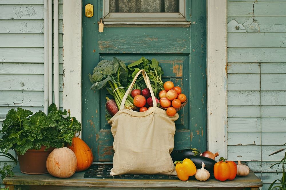 A tote bag with grocery stuffs put in front of house accessories vegetable accessory.