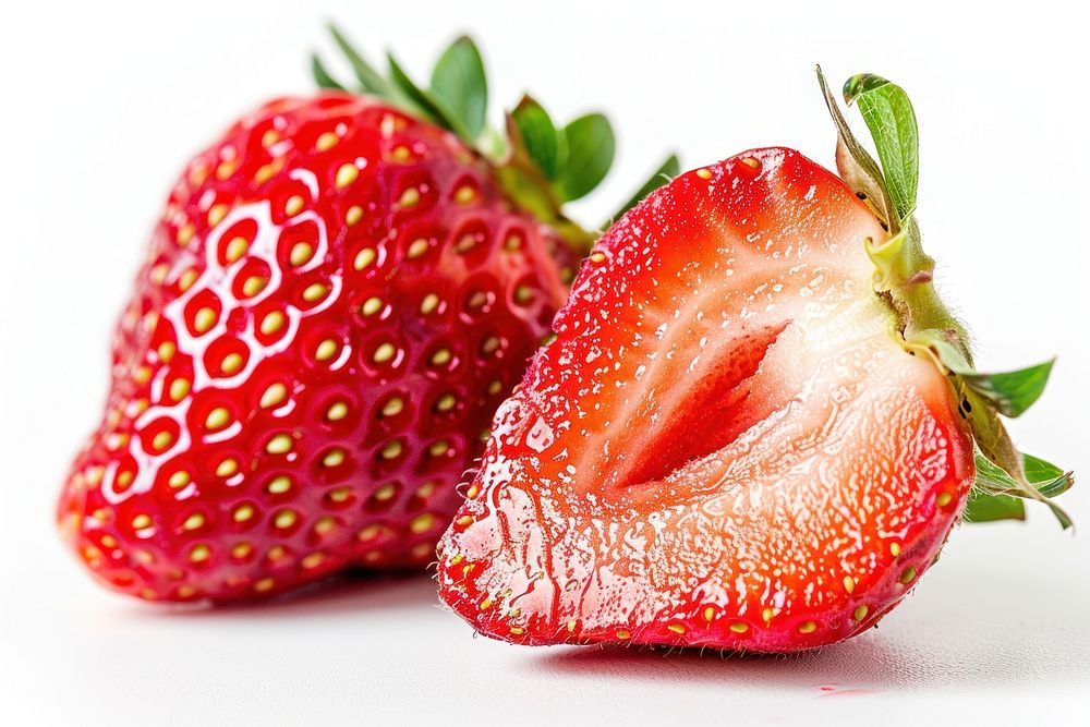 Whole and half of strawberry berries fruit plant.