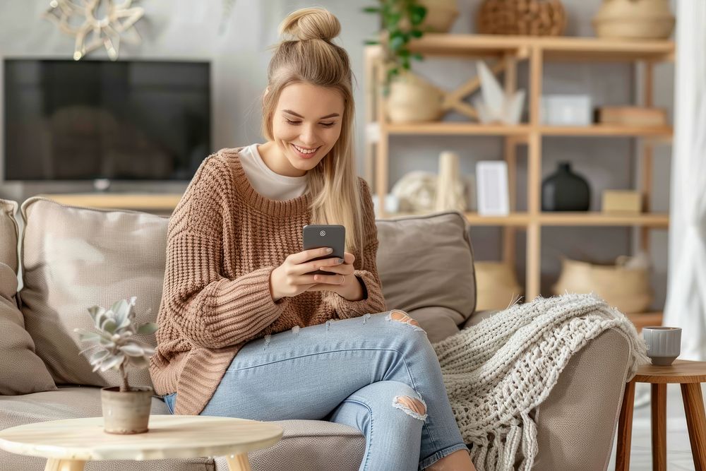 A woman sitting on sofa and playing smartphone in the living room clothing knitwear apparel.