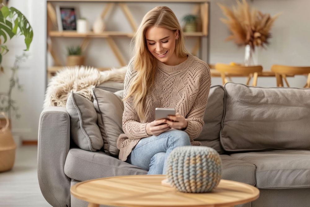 A woman sitting on sofa and playing smartphone in the living room furniture clothing knitwear.