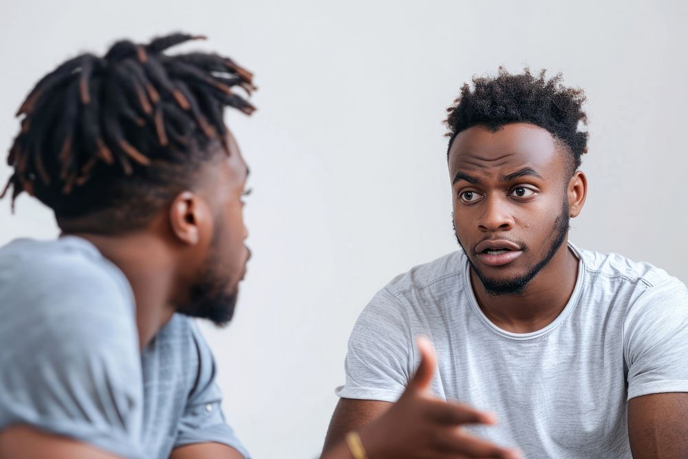 African american man discussing with friend conversation arguing togetherness.