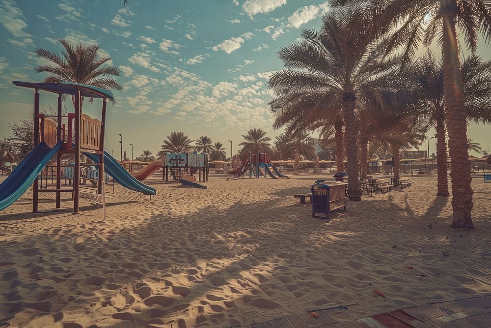 Al Mamzar Beach Park in Dubai playground furniture outdoors.