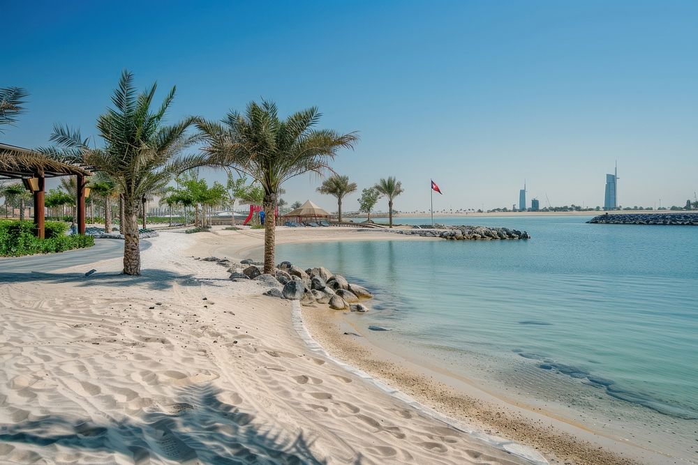 Al Mamzar Beach Park in Dubai beach landscape shoreline.