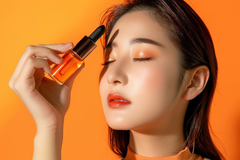 Asian beauty woman skincare cosmetics lipstick makeup.