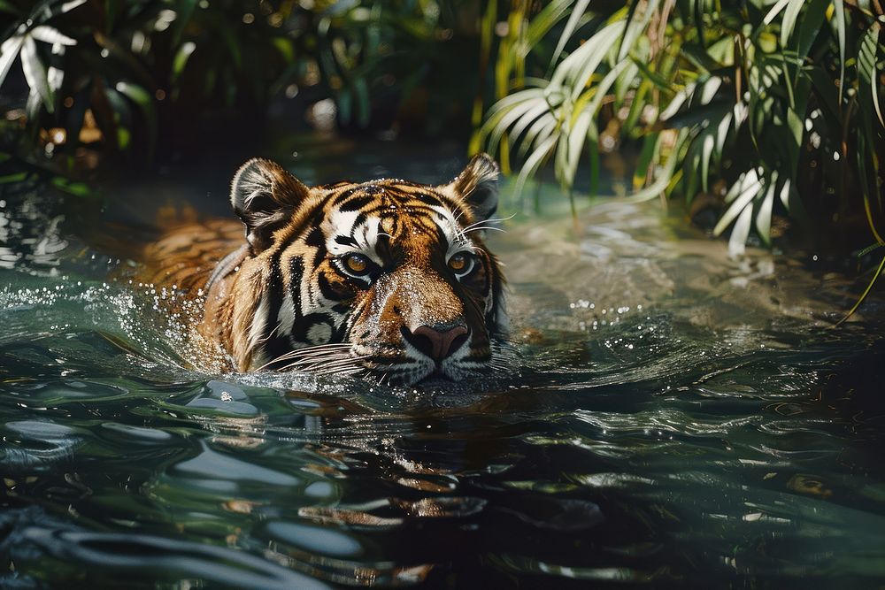 Bengal Tiger swimming in jungle tiger wildlife animal.