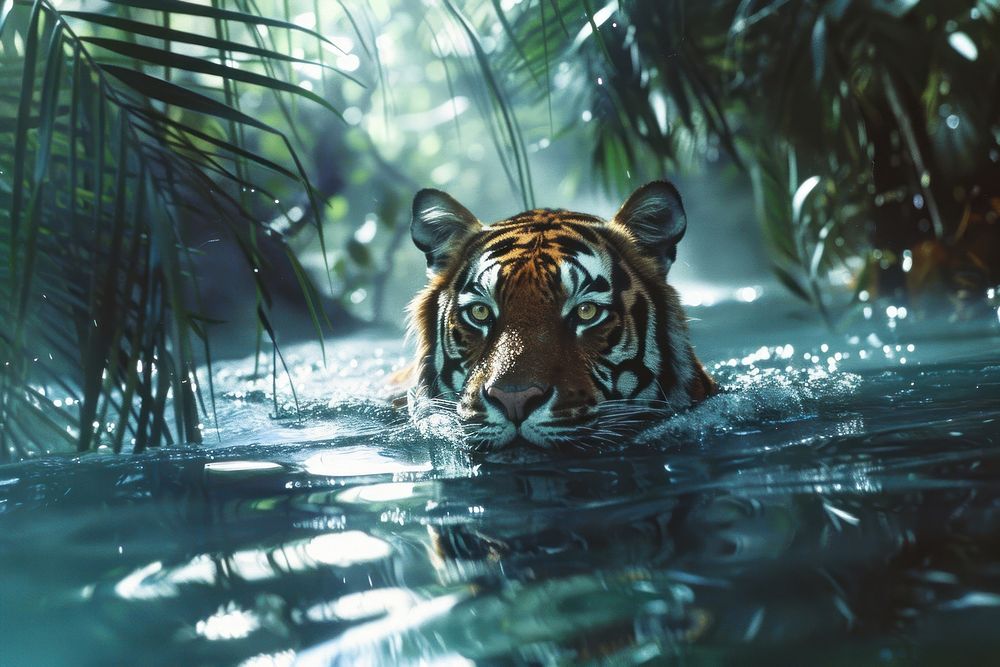 Bengal Tiger swimming in jungle tiger vegetation rainforest.