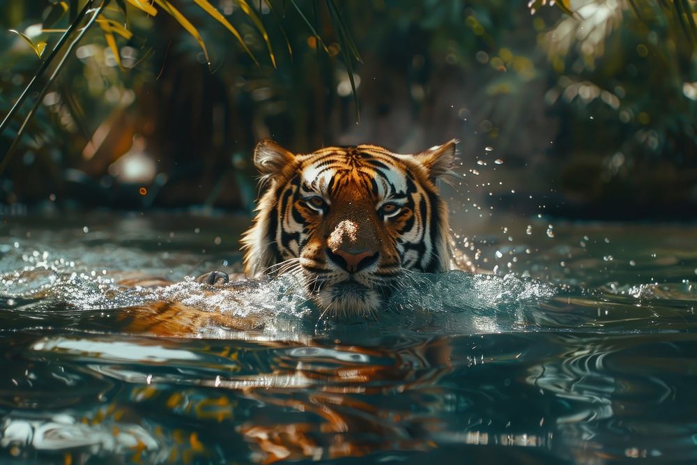 Bengal Tiger swimming in jungle tiger wildlife animal.