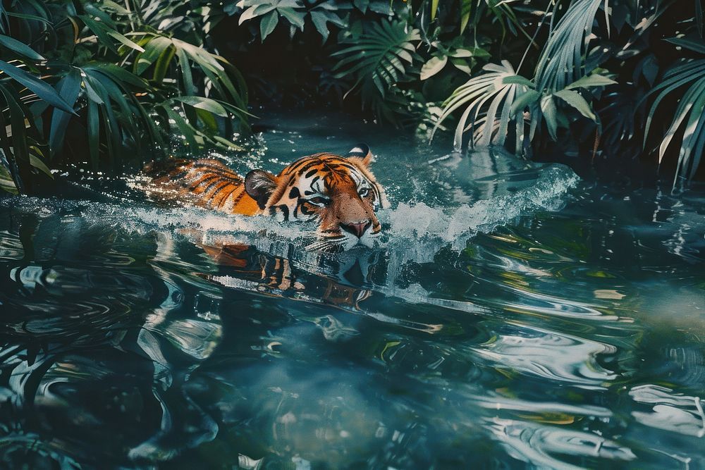 Bengal Tiger swimming in jungle tiger vegetation rainforest.