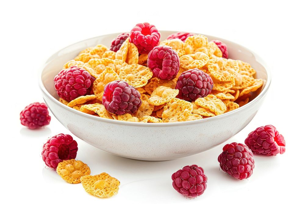 Bowl of Cornflakes and Raspberries raspberry bowl fruit.