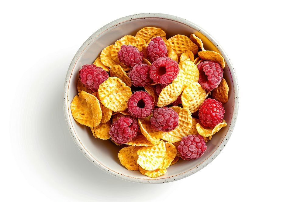 Bowl of Cornflakes and Raspberries raspberry bowl fruit.