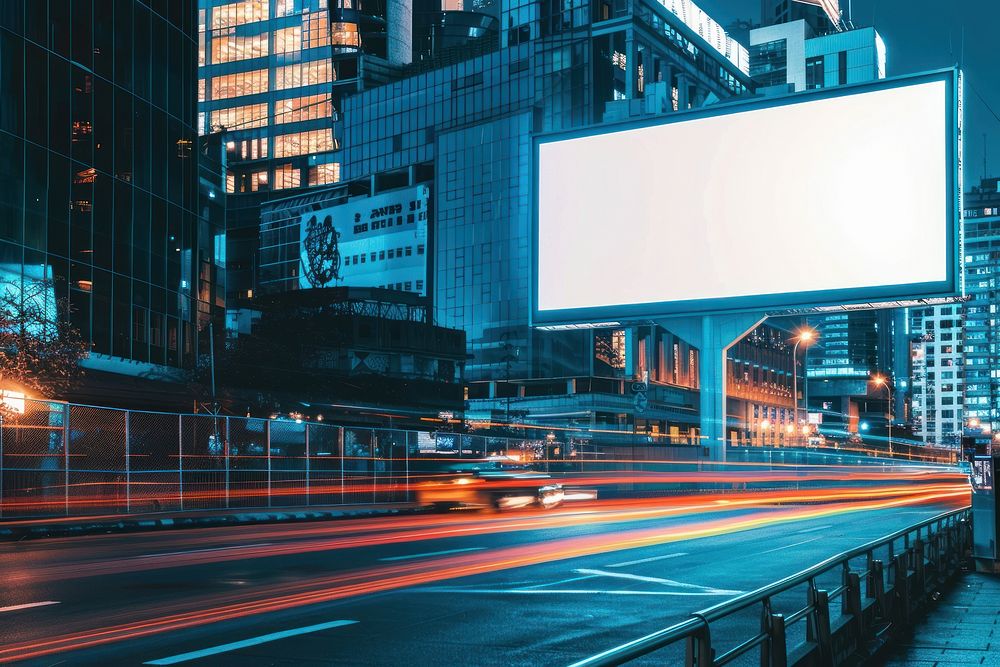 Blank banner mockup of office buildings in the night city billboard street advertisement.