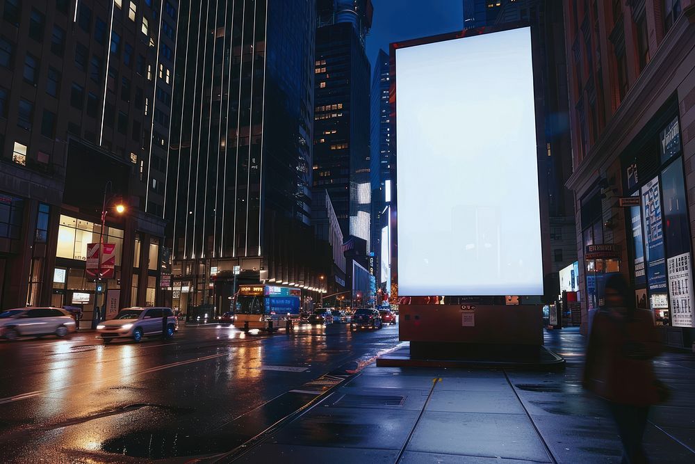 Blank banner mockup at New York high building street bus transportation.
