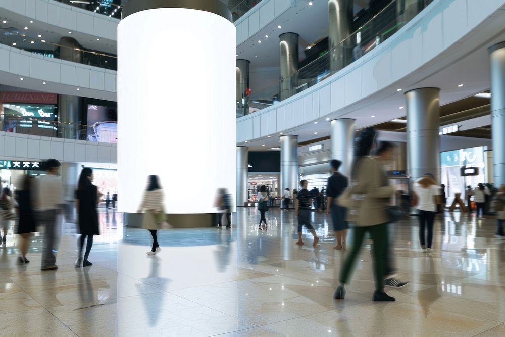 Blank cylinder mockup indoor shopping mall indoors people accessories.