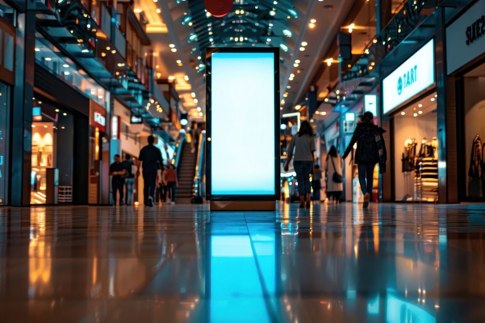 Blank led screen round pillar mockup indoor shopping mall indoors people electronics.