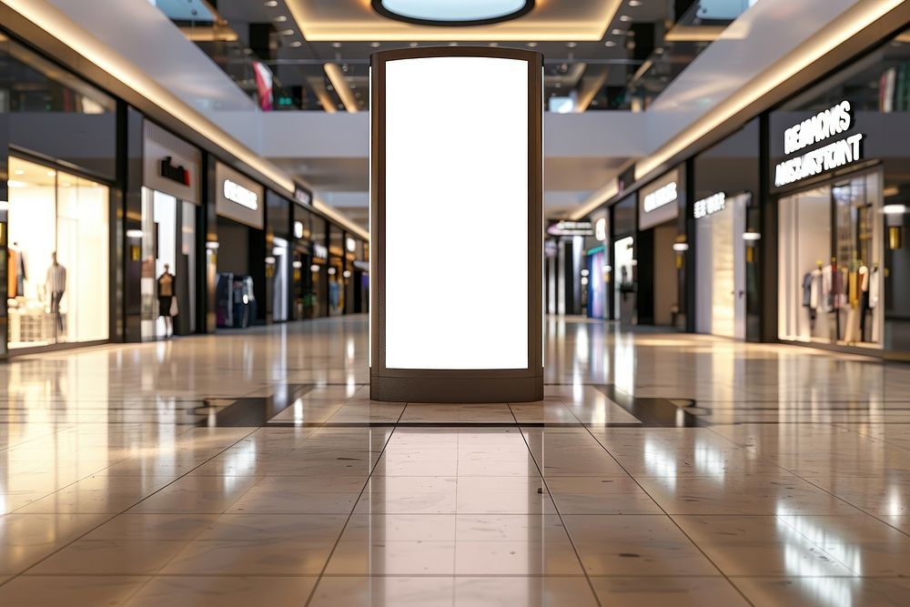 Blank led screen round pillar mockup inside shopping mall indoors architecture furniture.