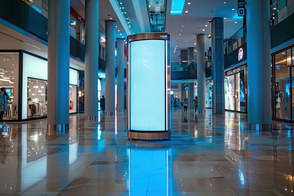 Blank led screen round pillar mockup inside shopping mall indoors electronics furniture.