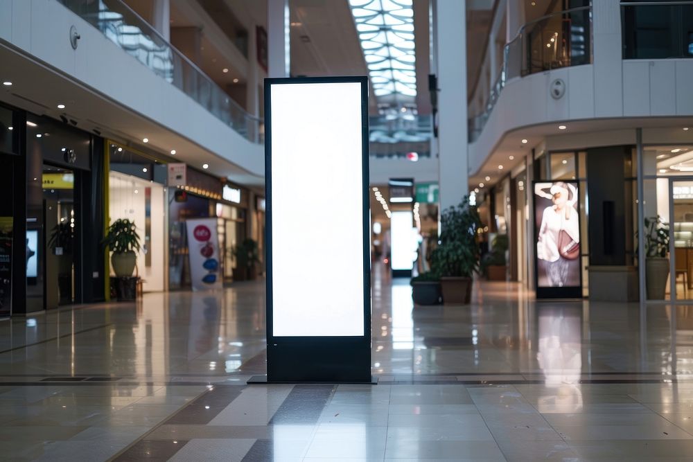 Blank led screen round pillar mockup inside shopping mall indoors electronics flooring.