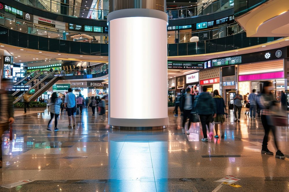 Blank led screen round pillar mockup indoor shopping mall people accessories electronics.