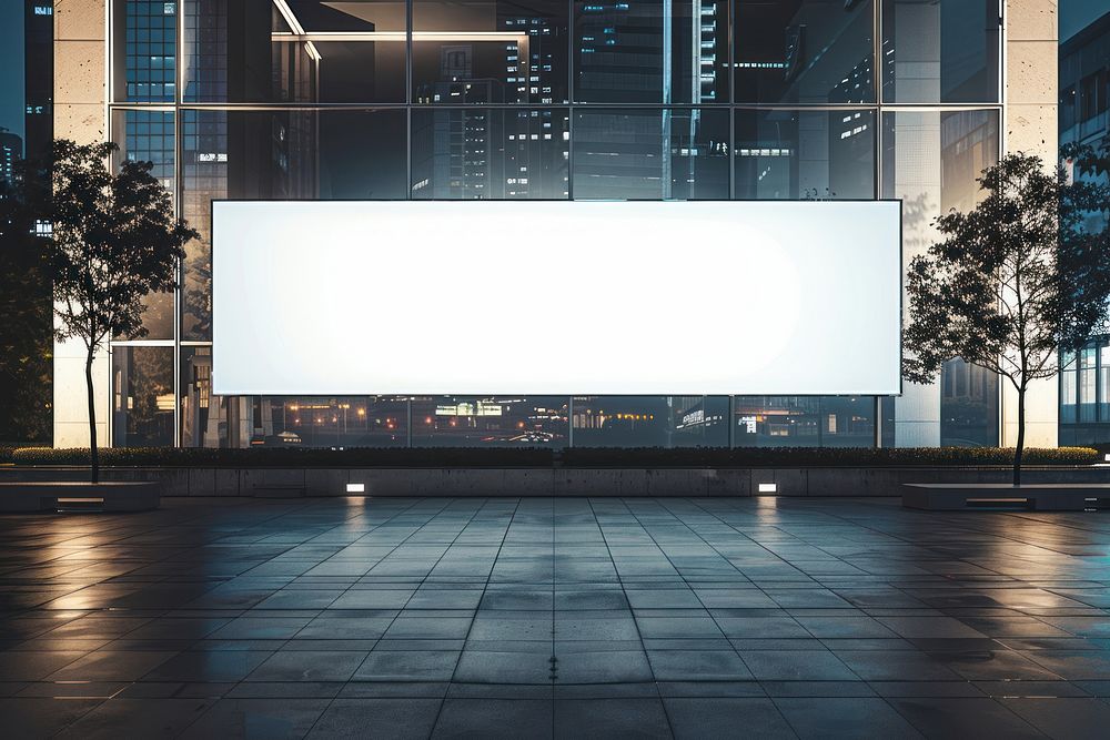 Blank long banner mockup of office buildings in the night city advertisement architecture cityscape.