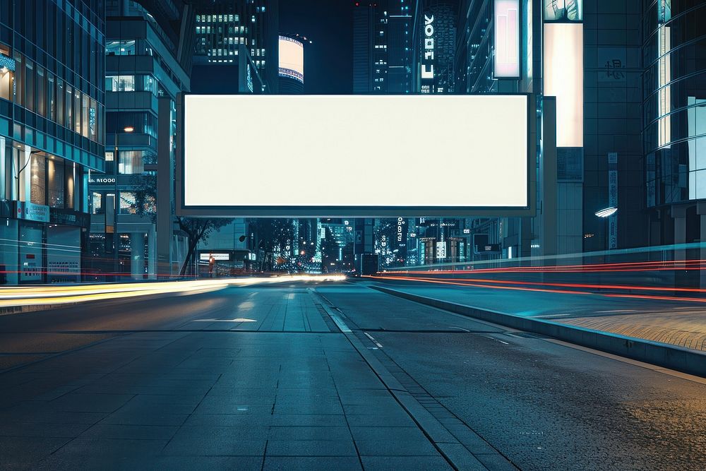 Blank long banner mockup of office buildings in the night city street advertisement electronics.