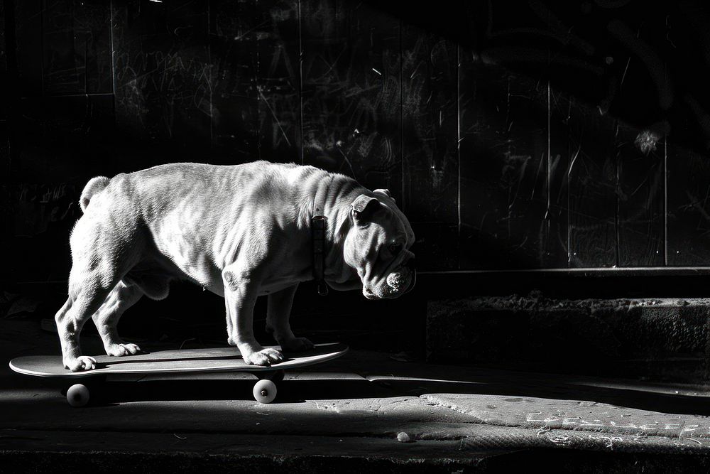 Bulldog on skatboard skateboard animal canine.