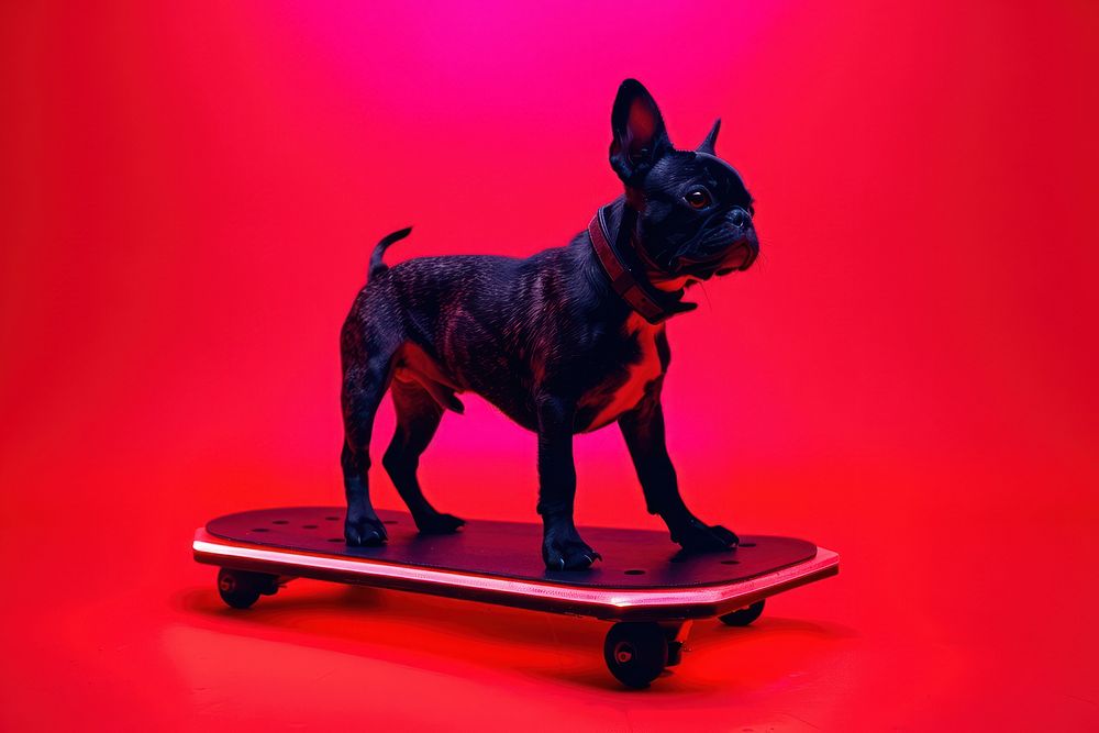 Bulldog on skatboard transportation skateboard e-scooter.