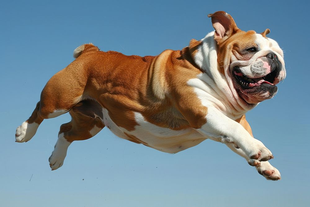 Bulldog jumping in the sky pitbull animal canine.