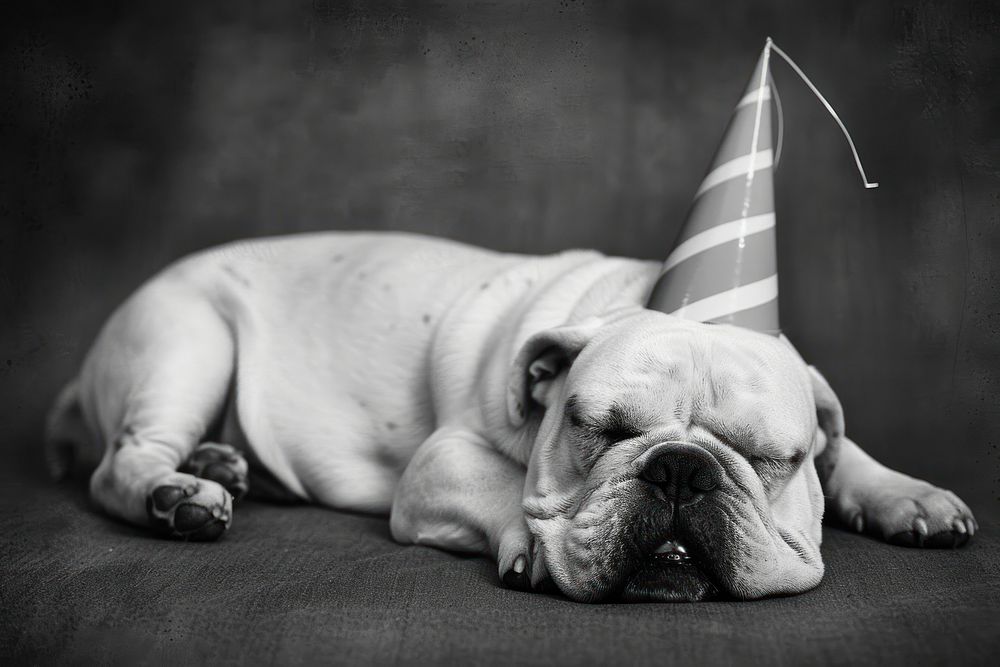 Bulldog with party hat clothing apparel animal.