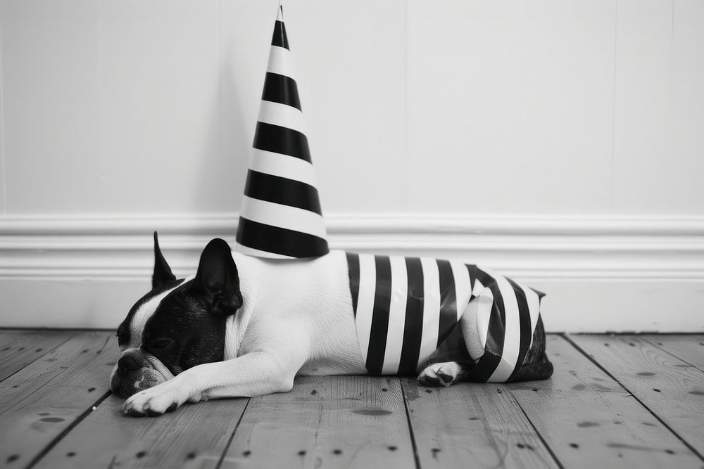 Bulldog with party hat clothing apparel animal.