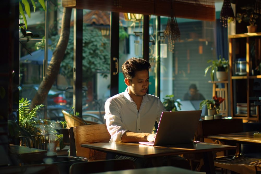 Businessman using laptop at cafe electronics restaurant furniture.